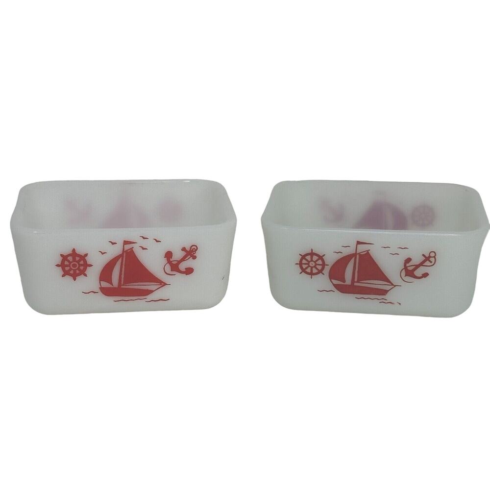 2 McKee Glass Red Sailboat Refrigerator Storage NO LIDS - Milk Glass White